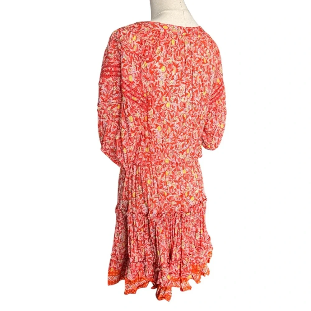 Poupette St. Barth Bonne V-Neck Dress in Orange & Yellow Fruit Print Size Medium